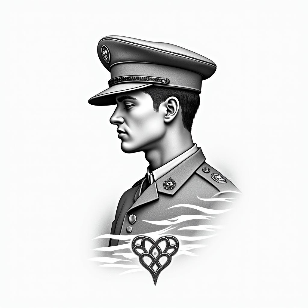 American Soldier, LGBTin Modest style tattoo, featuring soft, delicate line work with simple and meaningful symbols, gentle waves, a heart, evoking a sense of serenity and grace,