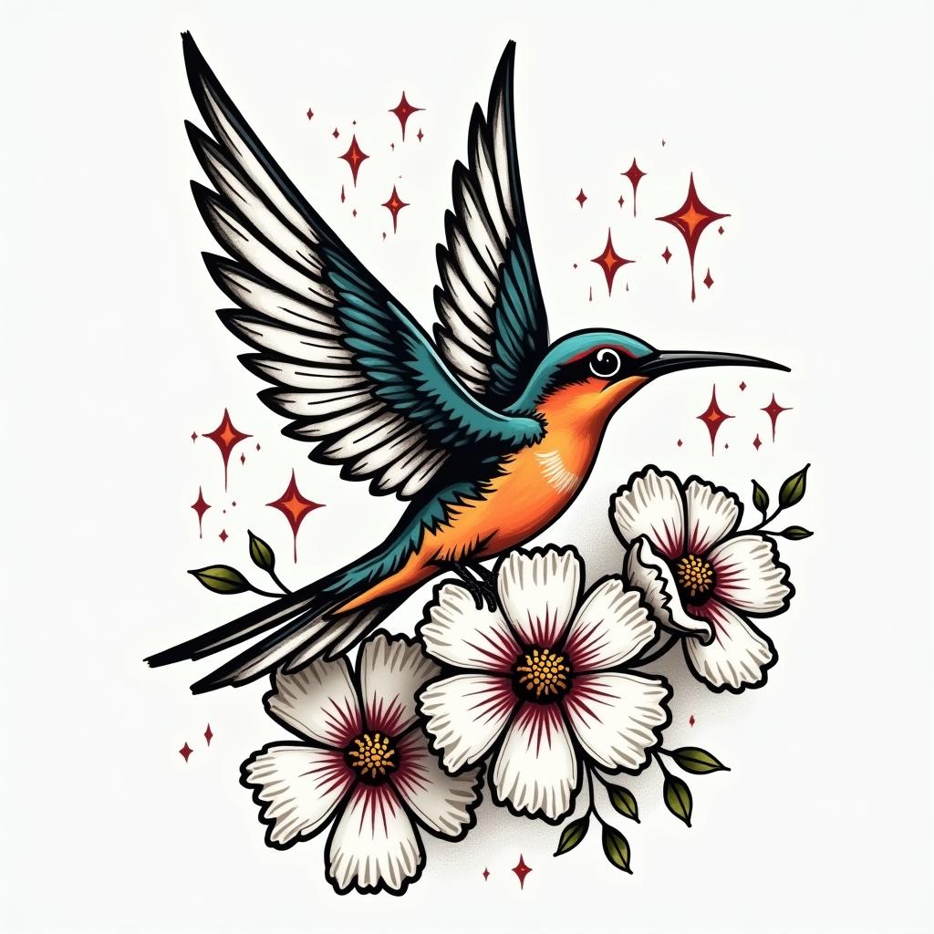 Scissor tailed fly catcher surrounded by Indian blanket flowersin graffiti style tattoo, featuring bold and dynamic street art elements, spray-paint texture with exaggerated lines and expressive, chaotic brushstrokes, intricate lettering incorporated with graffiti tags, symbols like hearts, stars, and wings - Variation 3