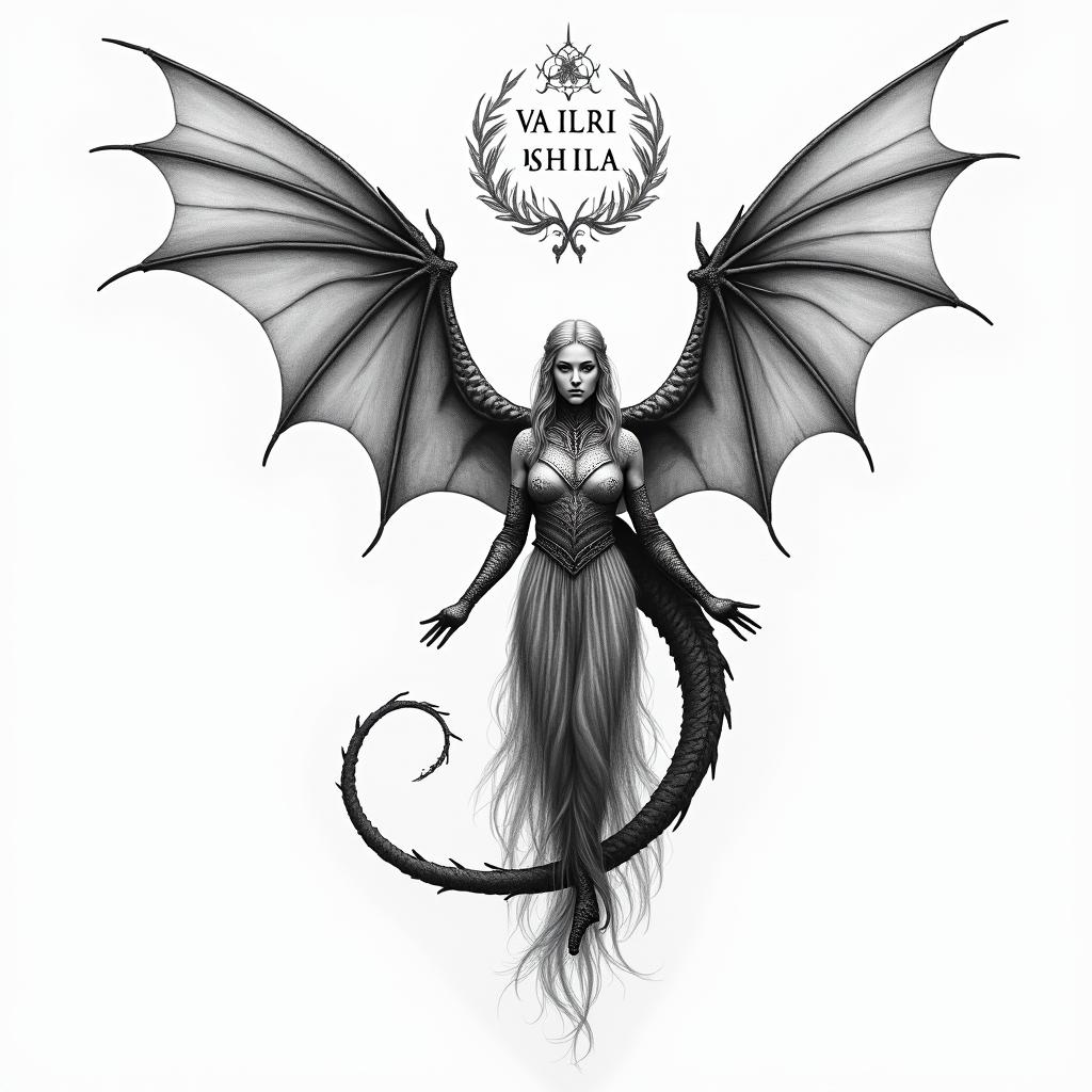 A tattoo design featuring Daenerys Targaryen with her two dragons, embodying the theme of freedom. Include the phrase "Valar Morghulis" in faded letters, with the dragons soaring in the sky above her. The overall composition should evoke empowerment and liberation, highlighting the connection between Daenerys and her dragons.higly detailed tattoo - Variation 2