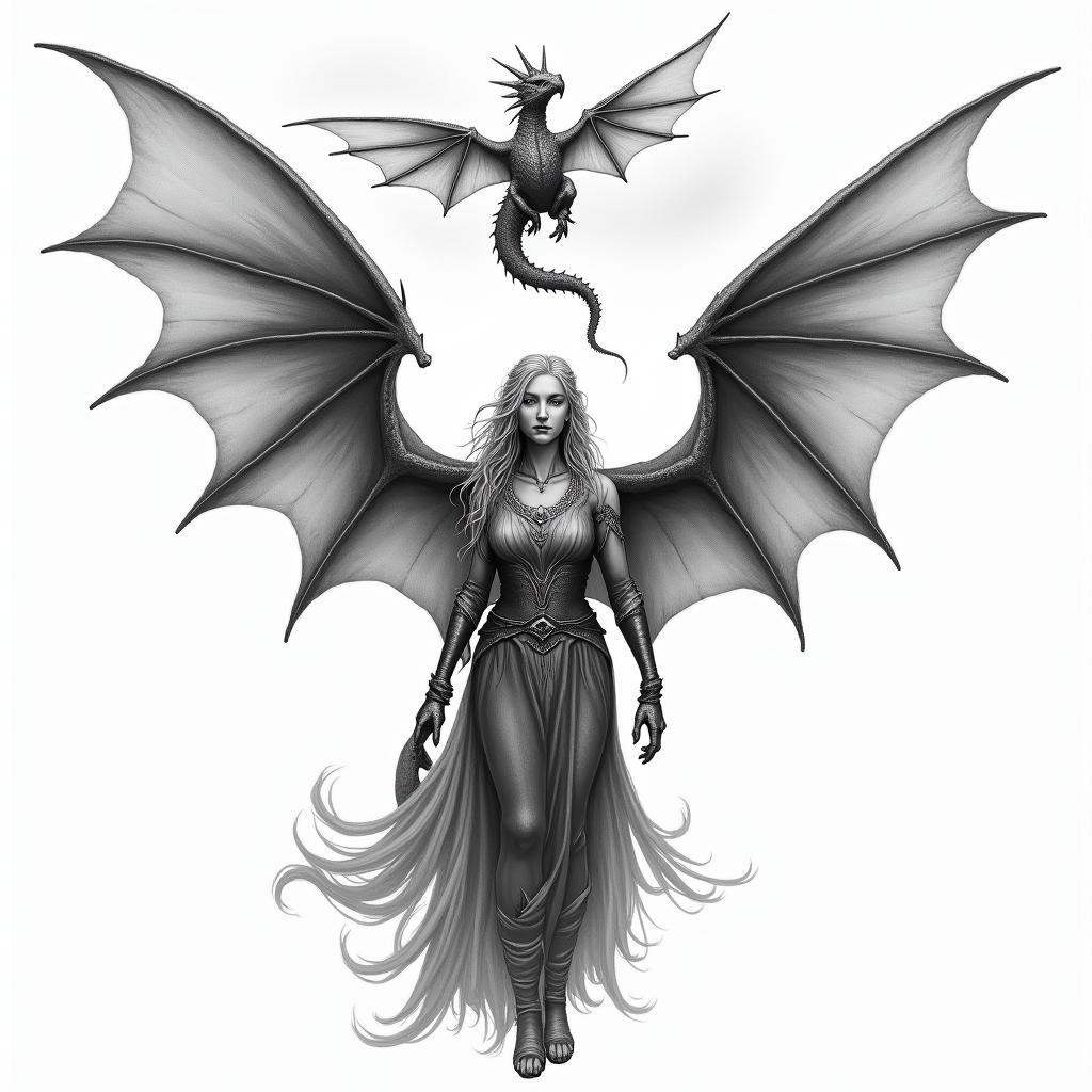 A tattoo design featuring Daenerys Targaryen with her two dragons, embodying the theme of freedom. Include the phrase "Valar Morghulis" in faded letters, with the dragons soaring in the sky above her. The overall composition should evoke empowerment and liberation, highlighting the connection between Daenerys and her dragons.higly detailed tattoo - Variation 3