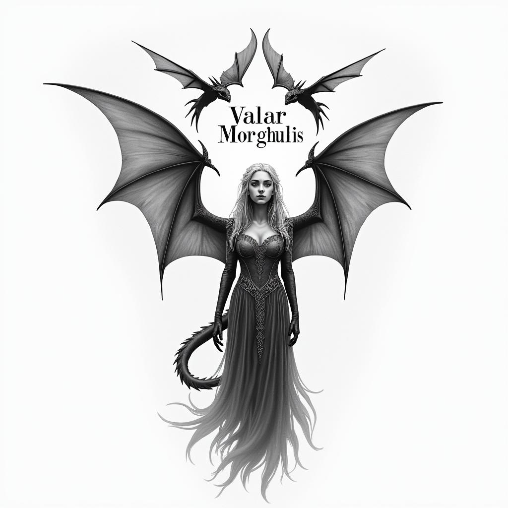 A tattoo design featuring Daenerys Targaryen with her two dragons, embodying the theme of freedom. Include the phrase "Valar Morghulis" in faded letters, with the dragons soaring in the sky above her. The overall composition should evoke empowerment and liberation, highlighting the connection between Daenerys and her dragons.higly detailed tattoo - Variation 4