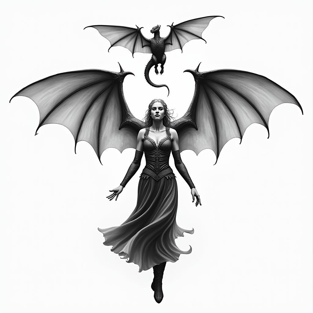 A tattoo design featuring Daenerys Targaryen with her two dragons, embodying the theme of freedom. Include the phrase "Valar Morghulis" in faded letters, with the dragons soaring in the sky above her. The overall composition should evoke empowerment and liberation, highlighting the connection between Daenerys and her dragons.higly detailed tattoo