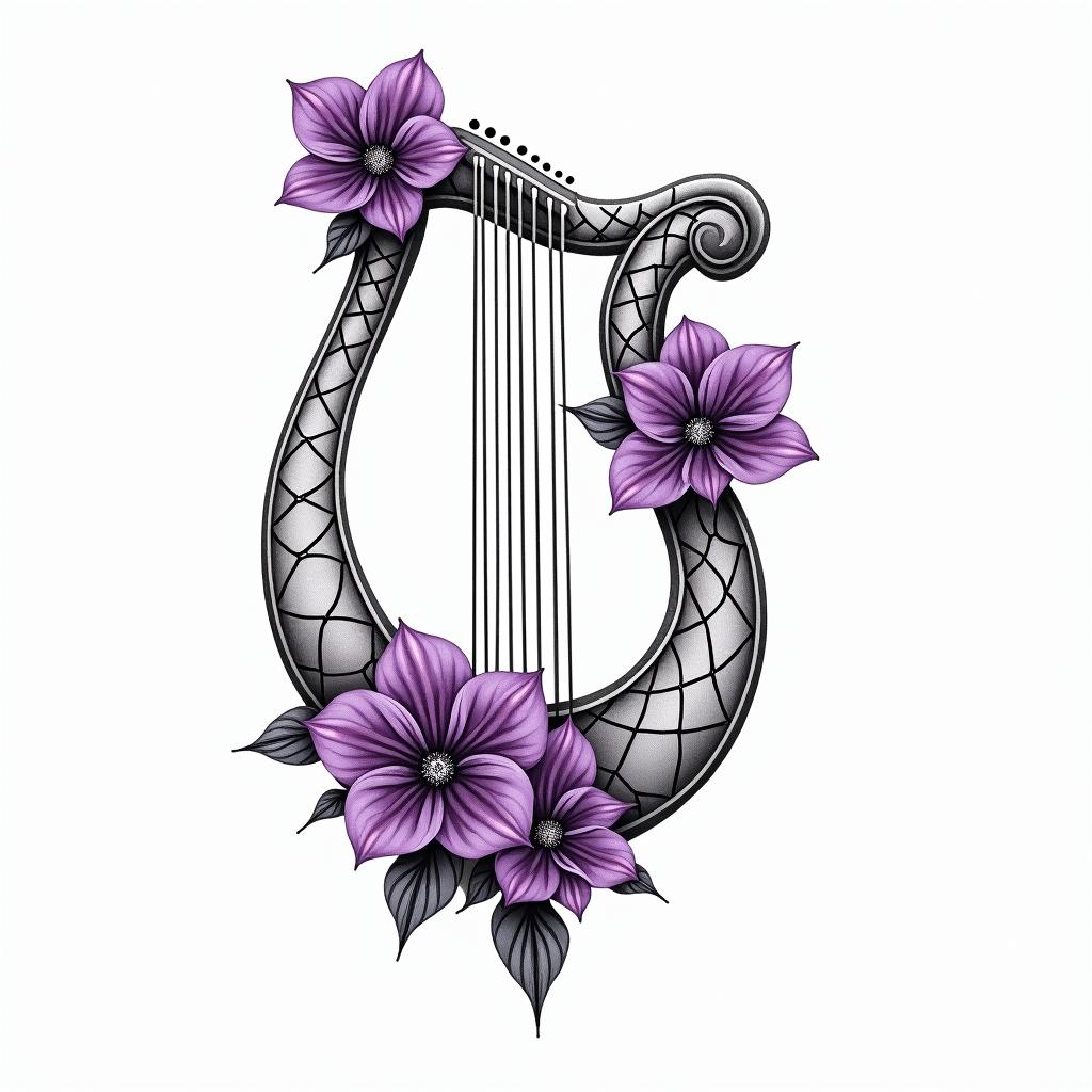 Delicate Harp with violet flowers in geometric style tattoo, blending hexagons, mandala-inspired patterns, symmetrical and fractal design, clean lines, sharp angles - Variation 2