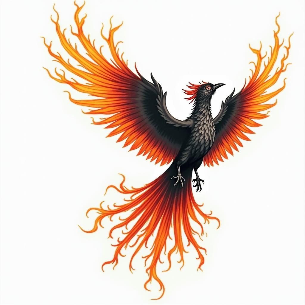 Flying phoenix with fire i still rise  water colorin flame tattoo style showcasing fiery elements with dynamic flame patterns, glowing effect of flames, natural colors