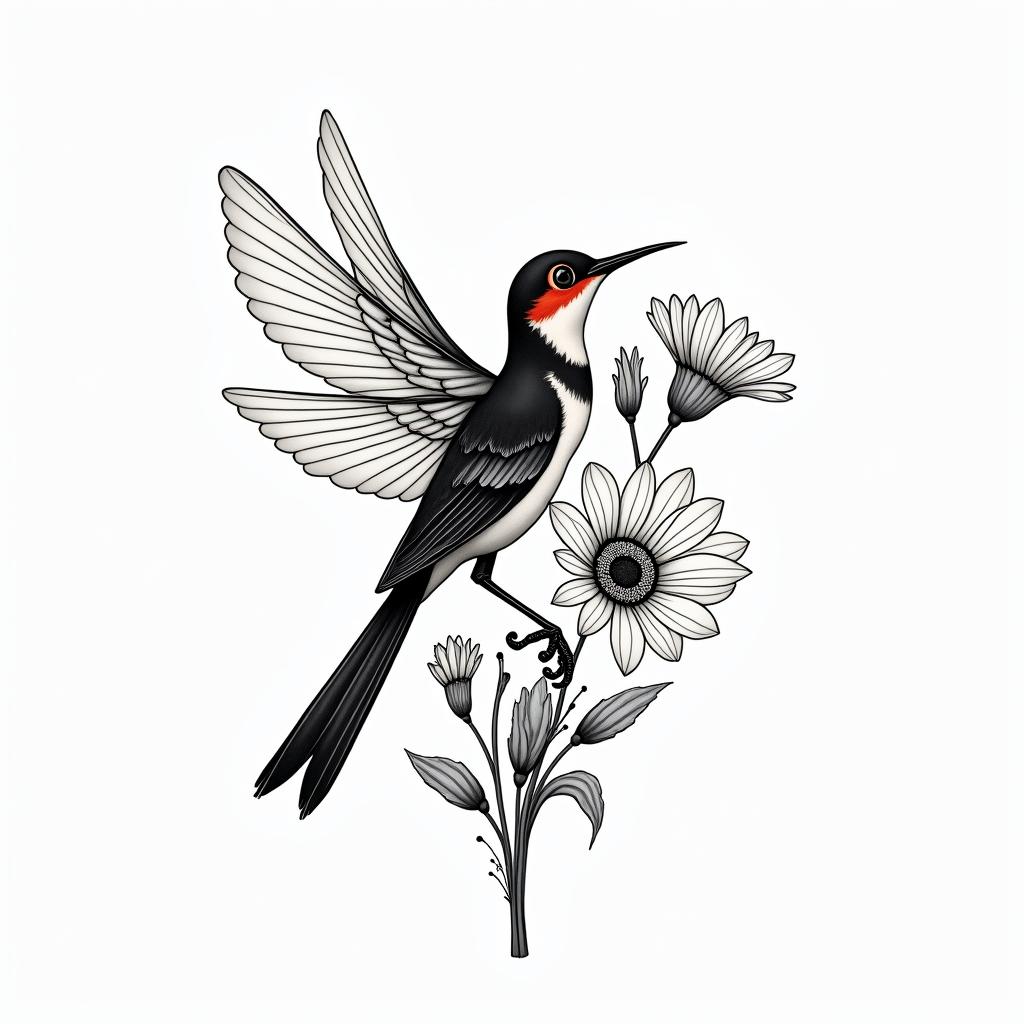 Scissor tailed fly catcher surrounded by Indian blanket flowersin japanese style tattoo, detailed tattoo, traditional japanese culture tattoo, mythology, 8k - Variation 2