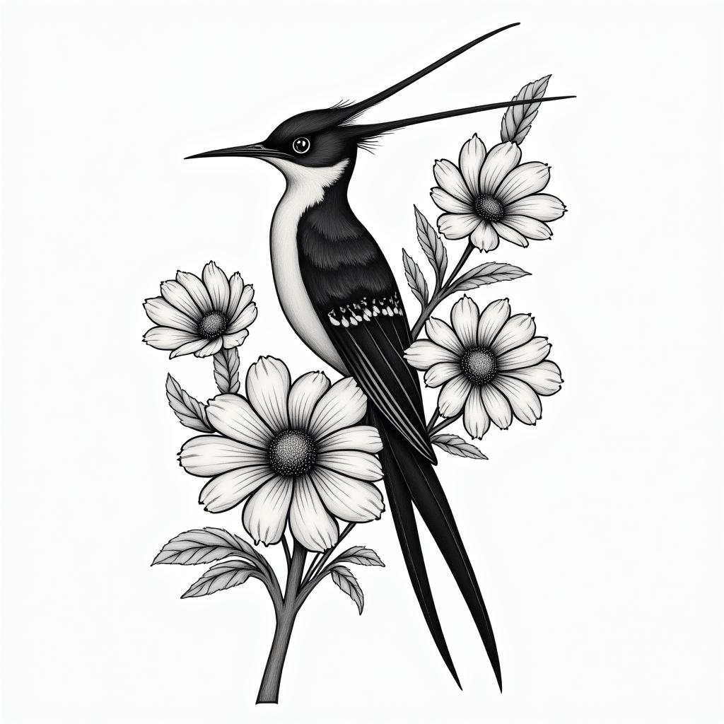 Scissor tailed fly catcher surrounded by Indian blanket flowersin japanese style tattoo, detailed tattoo, traditional japanese culture tattoo, mythology, 8k - Variation 3