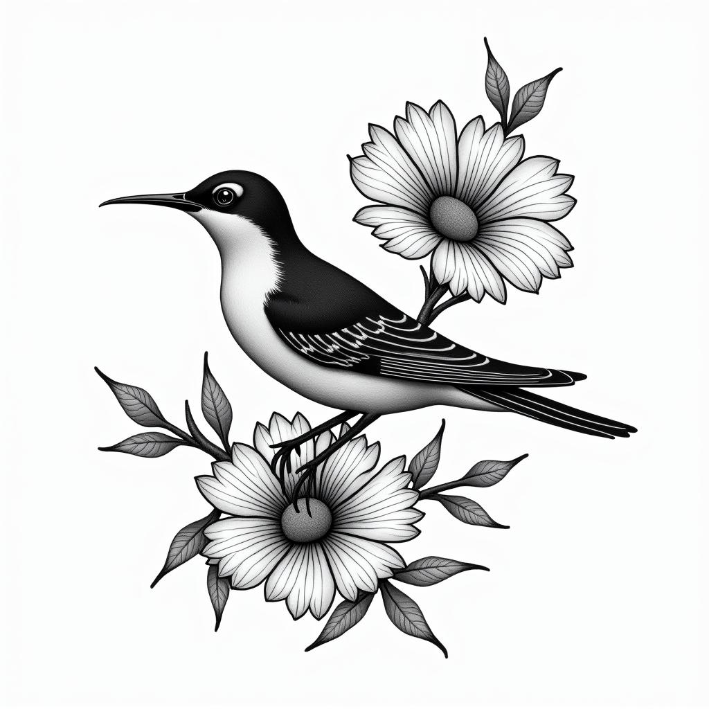 Scissor tailed fly catcher surrounded by Indian blanket flowersin japanese style tattoo, detailed tattoo, traditional japanese culture tattoo, mythology, 8k
