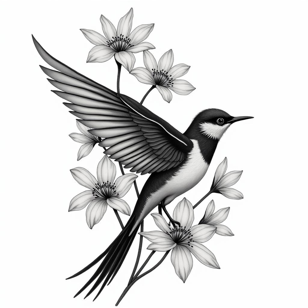 Scissor tailed fly catcher surrounded by Indian blanket flowersin japanese style tattoo, detailed tattoo, traditional japanese culture tattoo, mythology, 8k - Variation 4