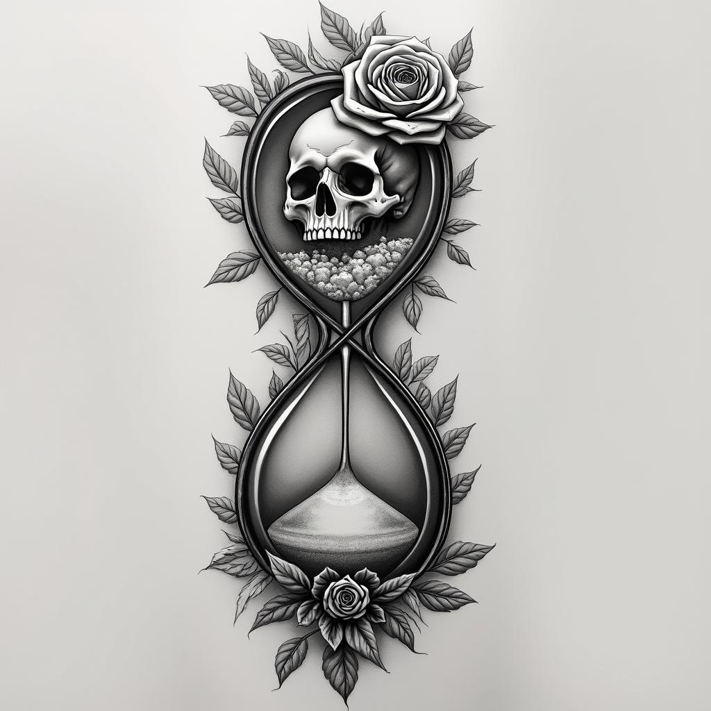 A realistic black and gray upper arm sleeve tattoo featuring an hourglass intertwined with a skull and rose symbolizing "Memento Mori", with the hourglass representing the passage of time, the skull depicting death, and the rose signifying life. The design is accented with laurel leaves and subtle Roman themes in the background, showcasing intricate shading and a cohesive blend of these powerful symbols.higly detailed tattoo - Variation 2