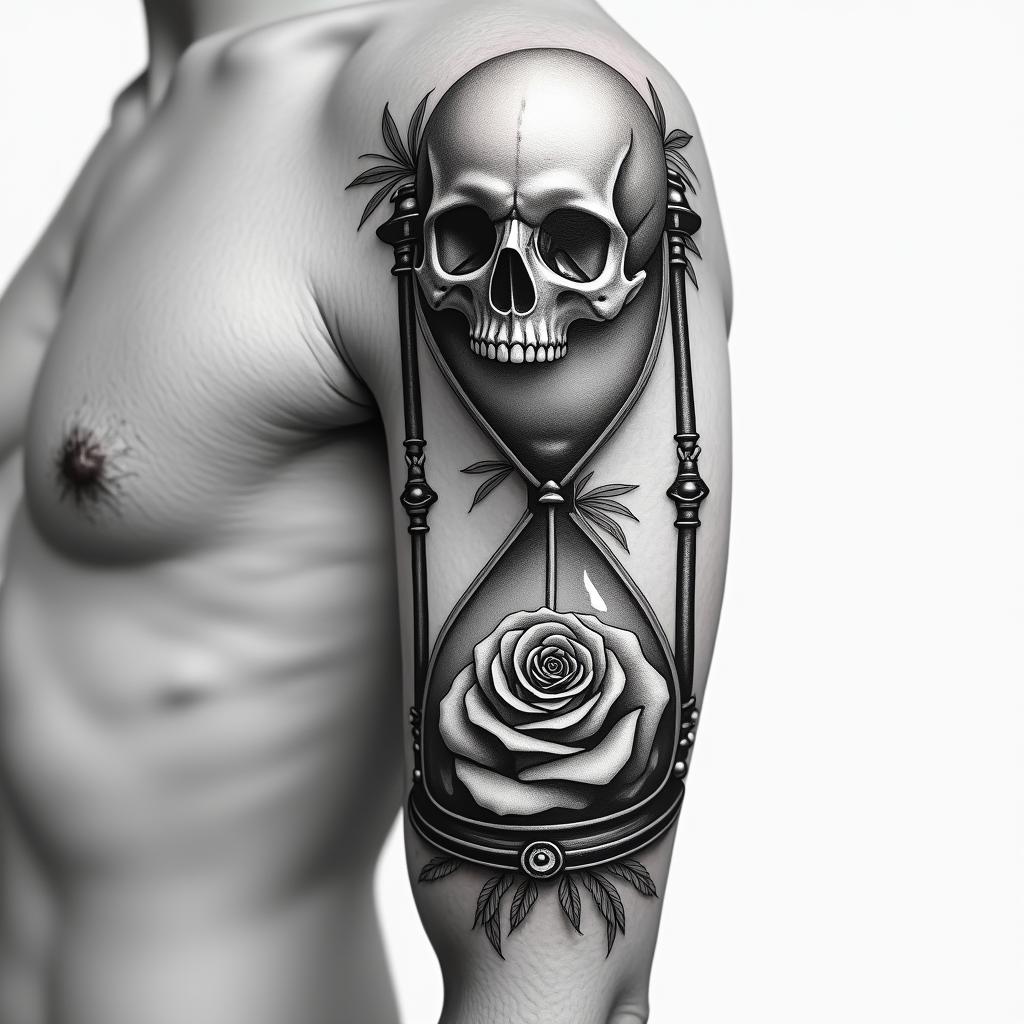 A realistic black and gray upper arm sleeve tattoo featuring an hourglass intertwined with a skull and rose symbolizing "Memento Mori", with the hourglass representing the passage of time, the skull depicting death, and the rose signifying life. The design is accented with laurel leaves and subtle Roman themes in the background, showcasing intricate shading and a cohesive blend of these powerful symbols.higly detailed tattoo - Variation 3