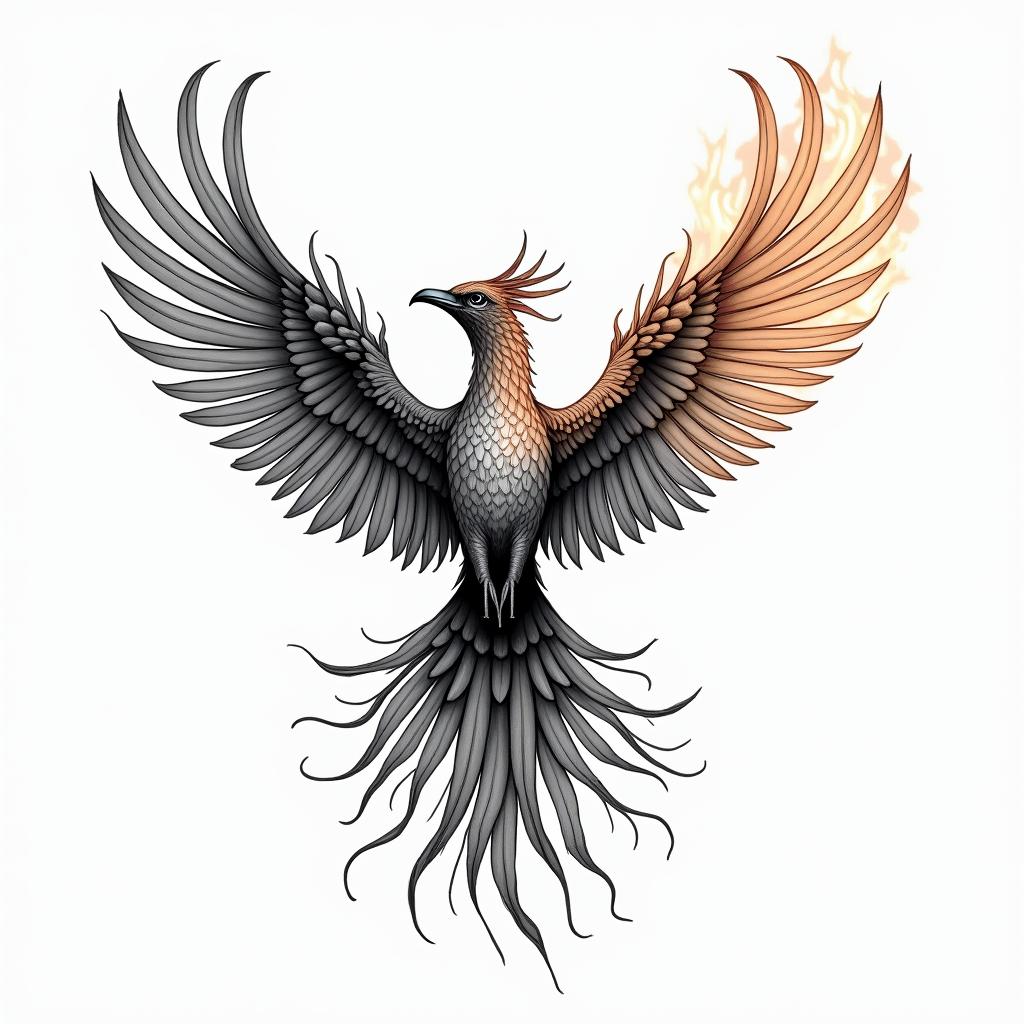 Flying phoenix with fire i still rise  water colorin new school tattoo, pop culture, modern, detailed tattoo, illustrative