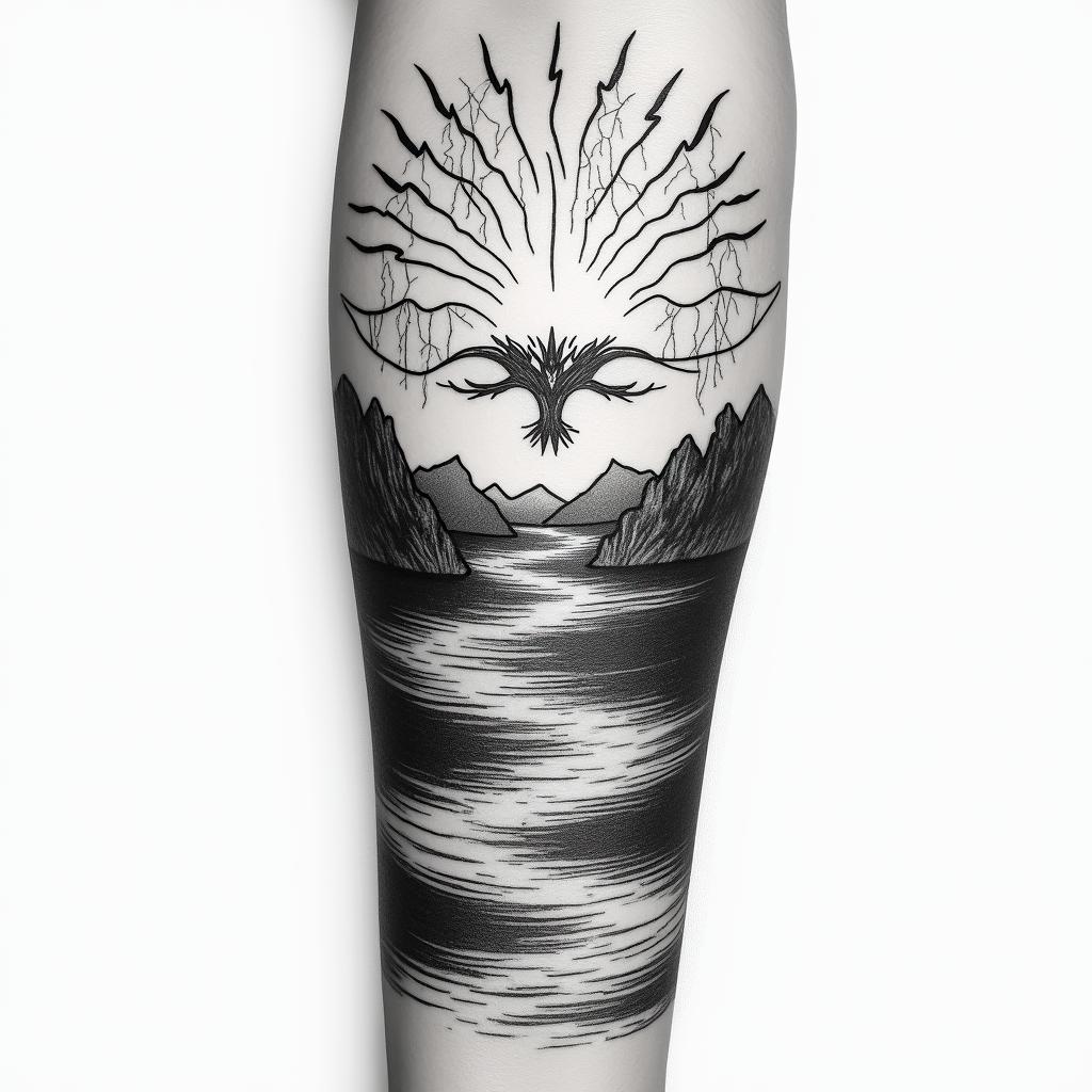 The word φιλότιμο stretched horizontally across my inner forearm with river streams sketches around it converging symbolizing journey. The top is a shady sky with multiple lightning strikes across the top. With a greek pattern fitting around the picture with no sharp edges fitting my whole inner forearmhigly detailed tattoo - Variation 4