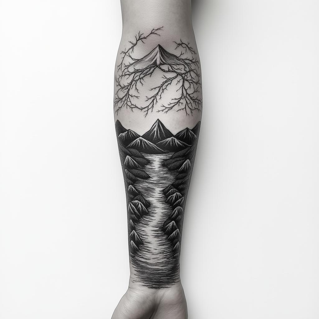 The word φιλότιμο stretched horizontally across my inner forearm with river streams sketches around it converging symbolizing journey. The top is a shady sky with multiple lightning strikes across the top. With a greek pattern fitting around the picture with no sharp edges fitting my whole inner forearmhigly detailed tattoo - Variation 3