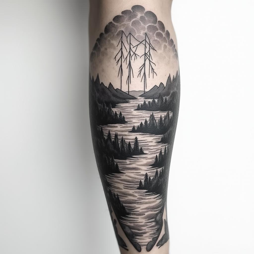 The word φιλότιμο stretched horizontally across my inner forearm with river streams sketches around it converging symbolizing journey. The top is a shady sky with multiple lightning strikes across the top. With a greek pattern fitting around the picture with no sharp edges fitting my whole inner forearmhigly detailed tattoo