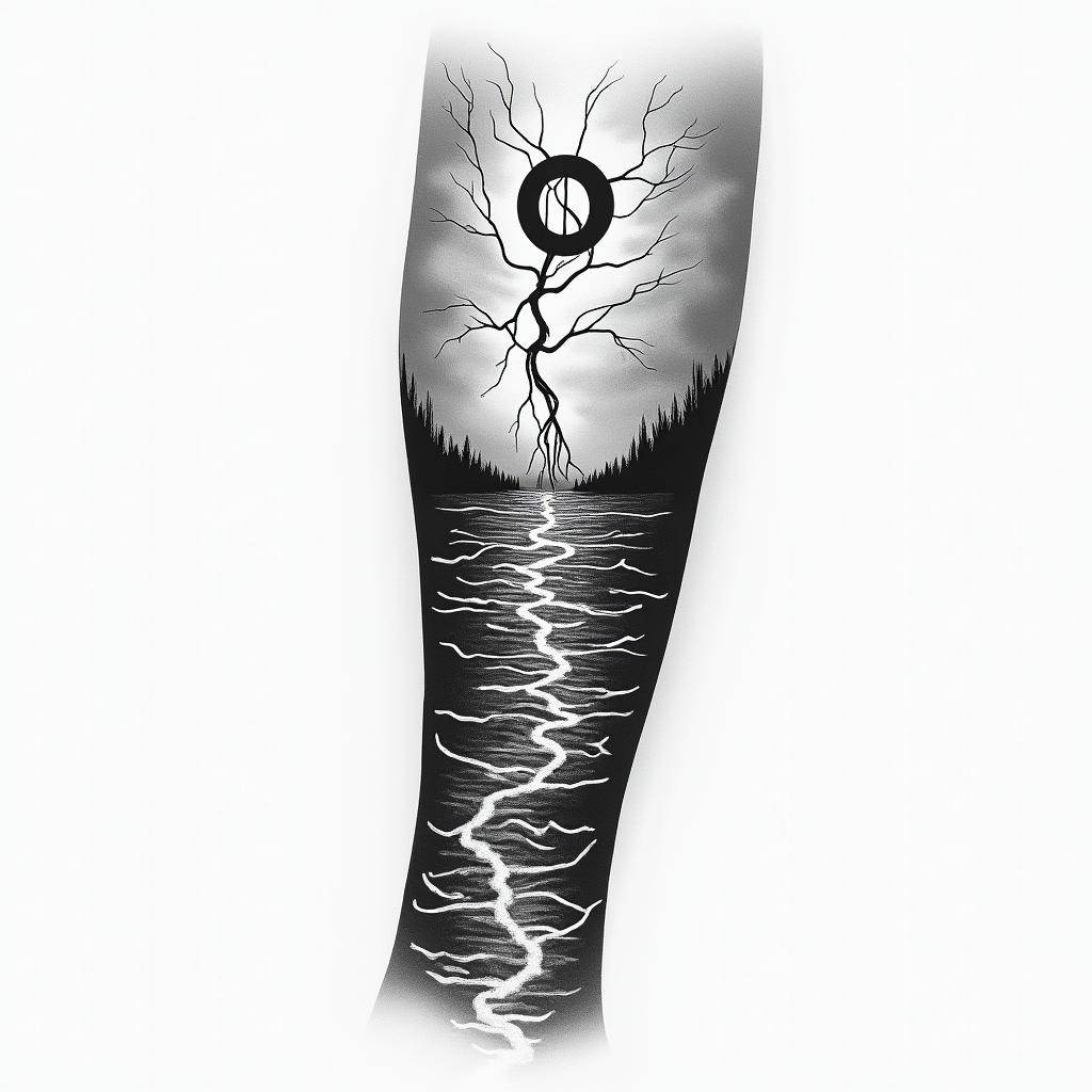 The word φιλότιμο stretched horizontally across my inner forearm with river streams sketches around it converging symbolizing journey. The top is a shady sky with multiple lightning strikes across the top. With a greek pattern fitting around the picture with no sharp edges fitting my whole inner forearmhigly detailed tattoo - Variation 2