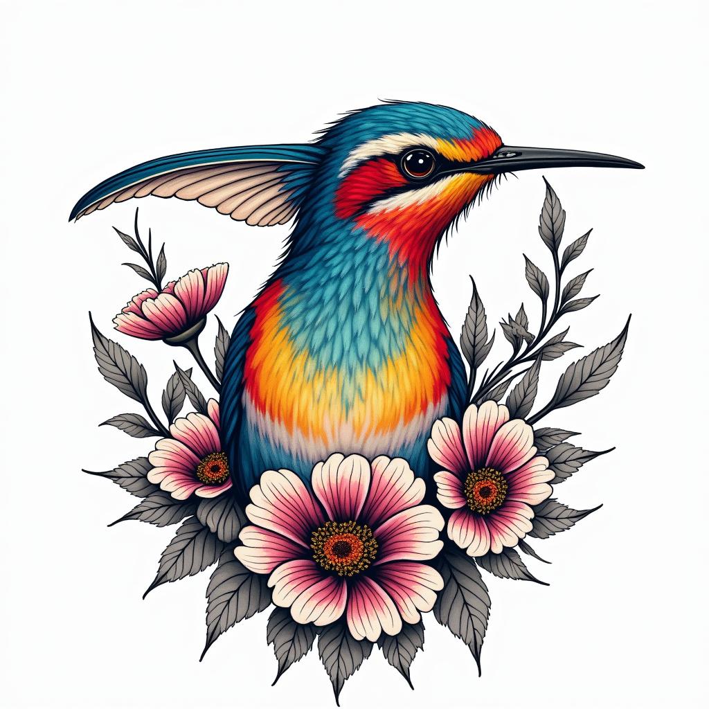 Scissor tailed fly catcher surrounded by Indian blanket flowersin distorted and fragmented tattoo design, featuring a classical statue bust, in a glitch art style with vibrant, overlapping colors of cyan, magenta, and yellow, creating a digital distortion effect - Variation 7