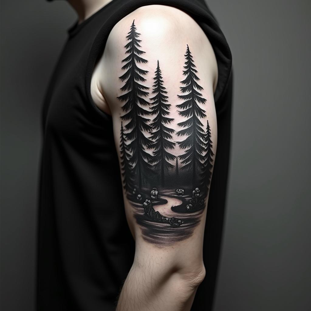 Pine forest with mountainsin realism tattoo style, featuring a highly detailed, lifelike, capturing every detail, photorealistic, ultra realistic, intricate shading, smooth and sharp, - Variation 4