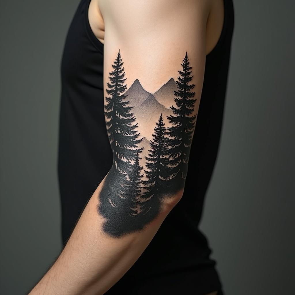 Pine forest with mountainsin realism tattoo style, featuring a highly detailed, lifelike, capturing every detail, photorealistic, ultra realistic, intricate shading, smooth and sharp, - Variation 3