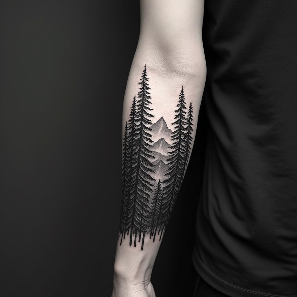 Pine forest with mountainsin realism tattoo style, featuring a highly detailed, lifelike, capturing every detail, photorealistic, ultra realistic, intricate shading, smooth and sharp,