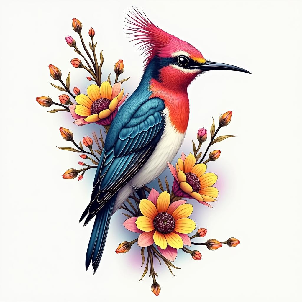 Scissor tailed fly catcher surrounded by Indian blanket flowersin distorted and fragmented tattoo design, featuring a classical statue bust, in a glitch art style with vibrant, overlapping colors of cyan, magenta, and yellow, creating a digital distortion effect