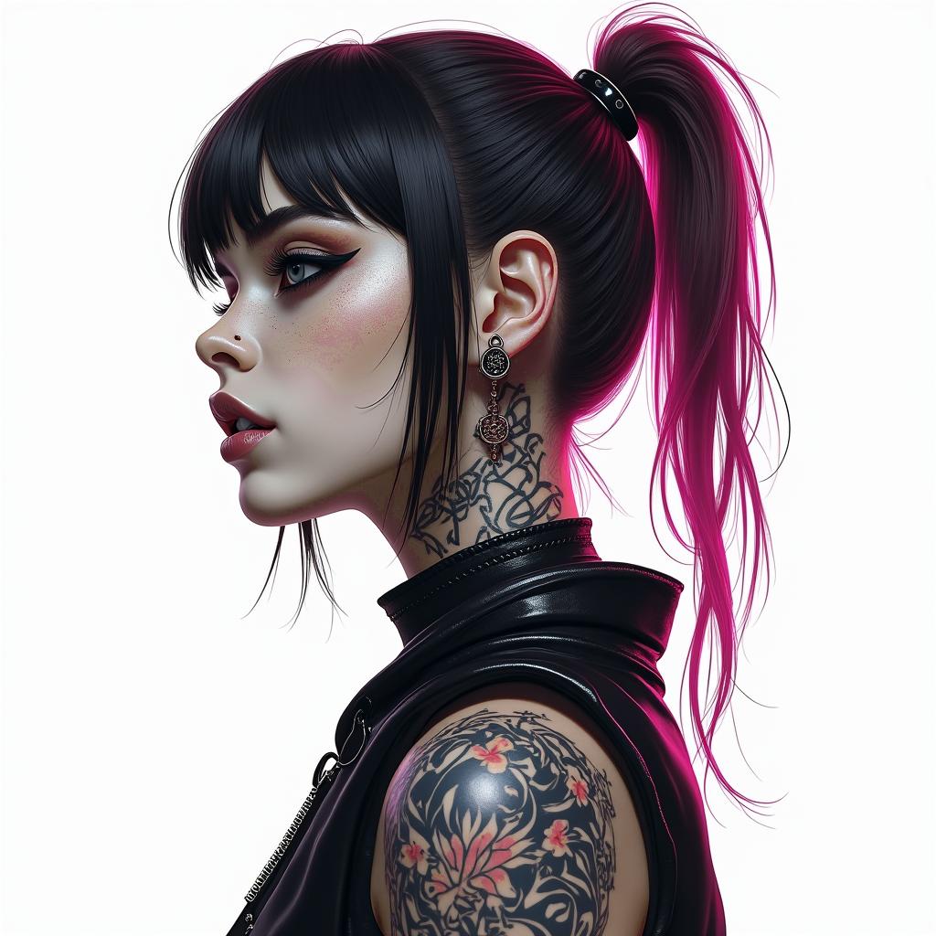 Futuristic cyberpunk girl with neon accentstext-based tattoo, gothic font ultra-realistic, perfectly placed, high-quality font design, photo-realistic shading, 8k, high quality, finely detailed typography - Variation 4
