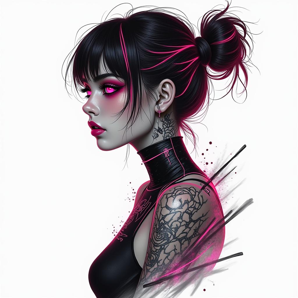 Futuristic cyberpunk girl with neon accentstext-based tattoo, gothic font ultra-realistic, perfectly placed, high-quality font design, photo-realistic shading, 8k, high quality, finely detailed typography - Variation 2