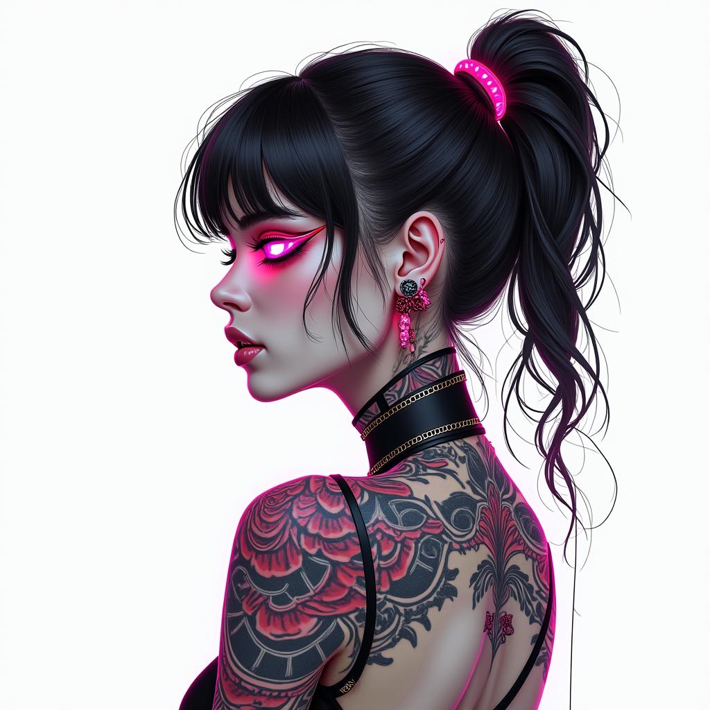 Futuristic cyberpunk girl with neon accentstext-based tattoo, gothic font ultra-realistic, perfectly placed, high-quality font design, photo-realistic shading, 8k, high quality, finely detailed typography - Variation 3