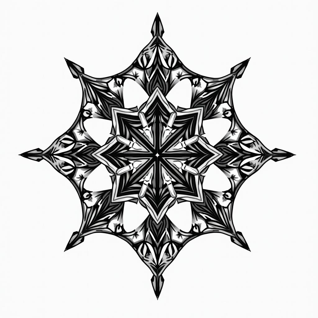 Adventure travel games in geometric style tattoo, blending hexagons, mandala-inspired patterns, symmetrical and fractal design, clean lines, sharp angles - Variation 4