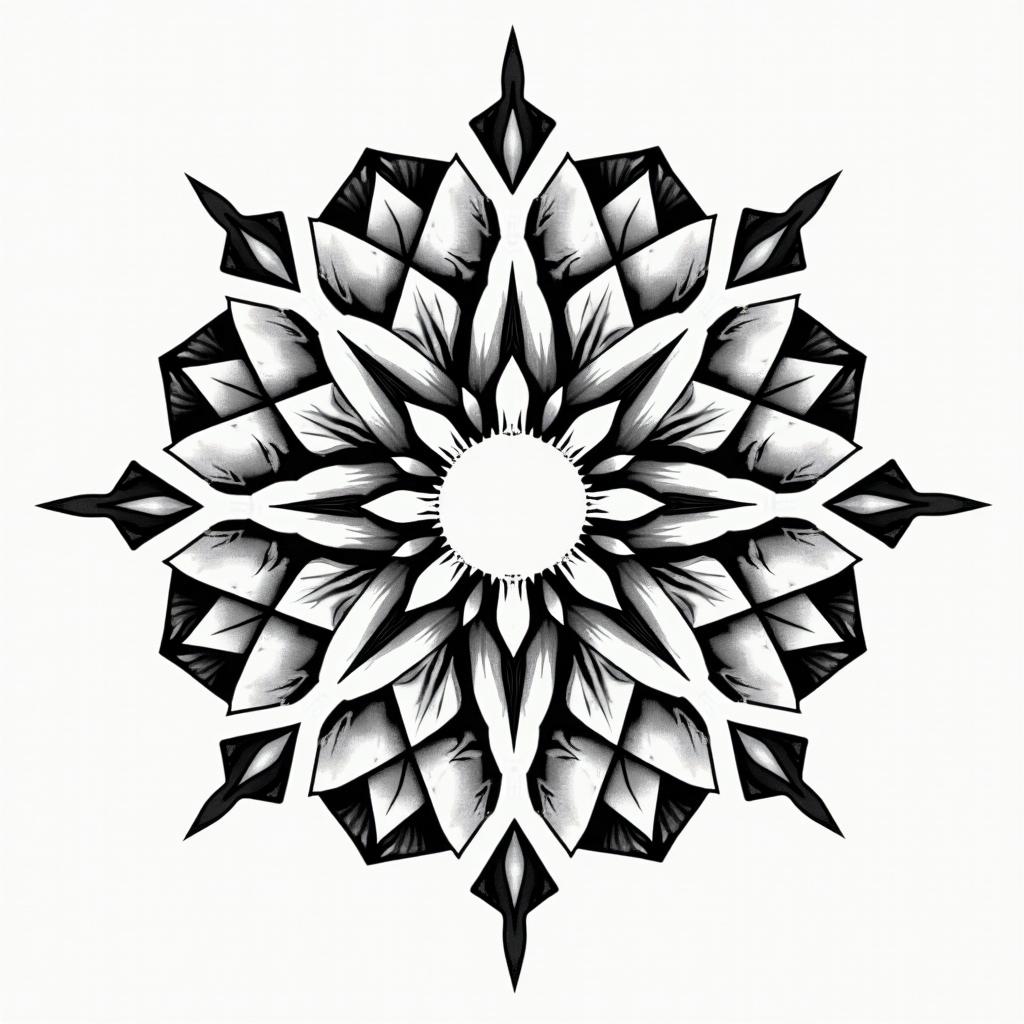 Adventure travel games in geometric style tattoo, blending hexagons, mandala-inspired patterns, symmetrical and fractal design, clean lines, sharp angles - Variation 2