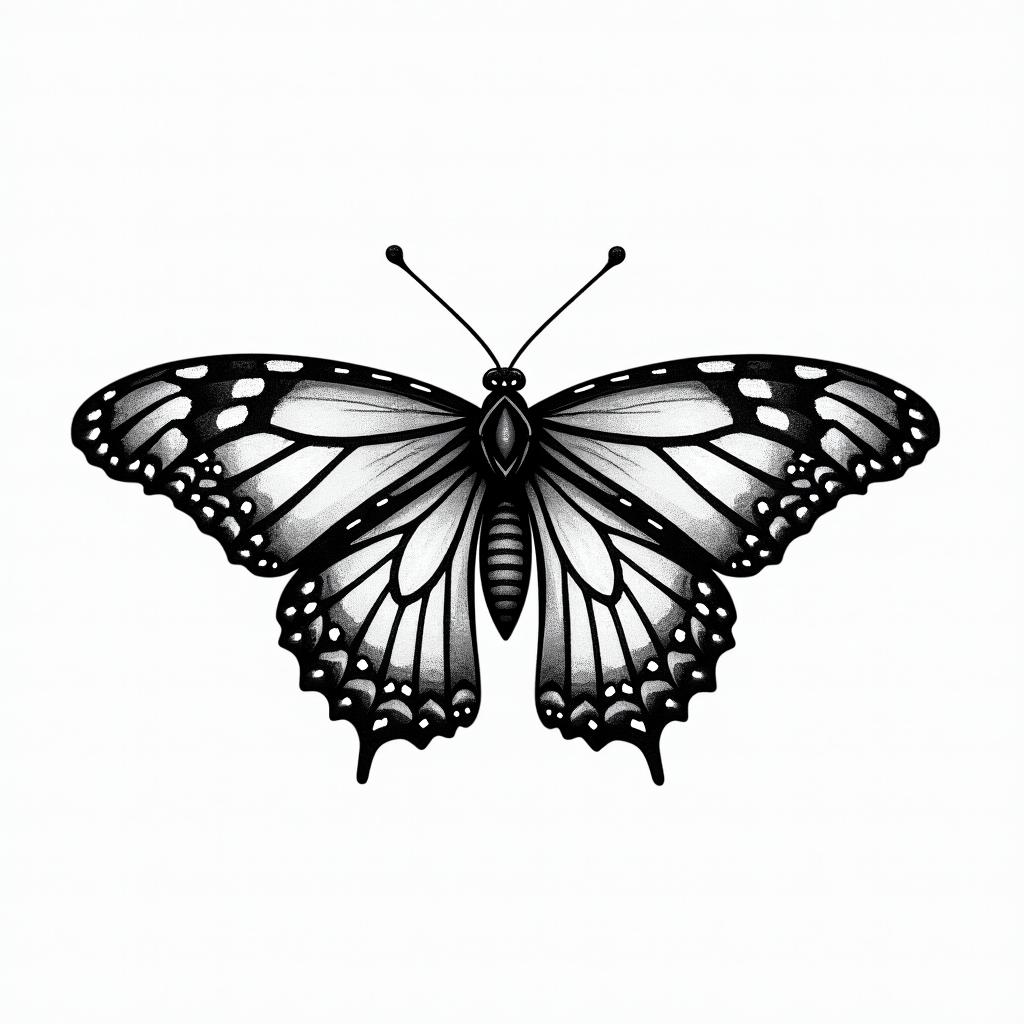Butterfly with intricate wing patterns in geometric style tattoo, blending hexagons, mandala-inspired patterns, symmetrical and fractal design, clean lines, sharp angles - Variation 2