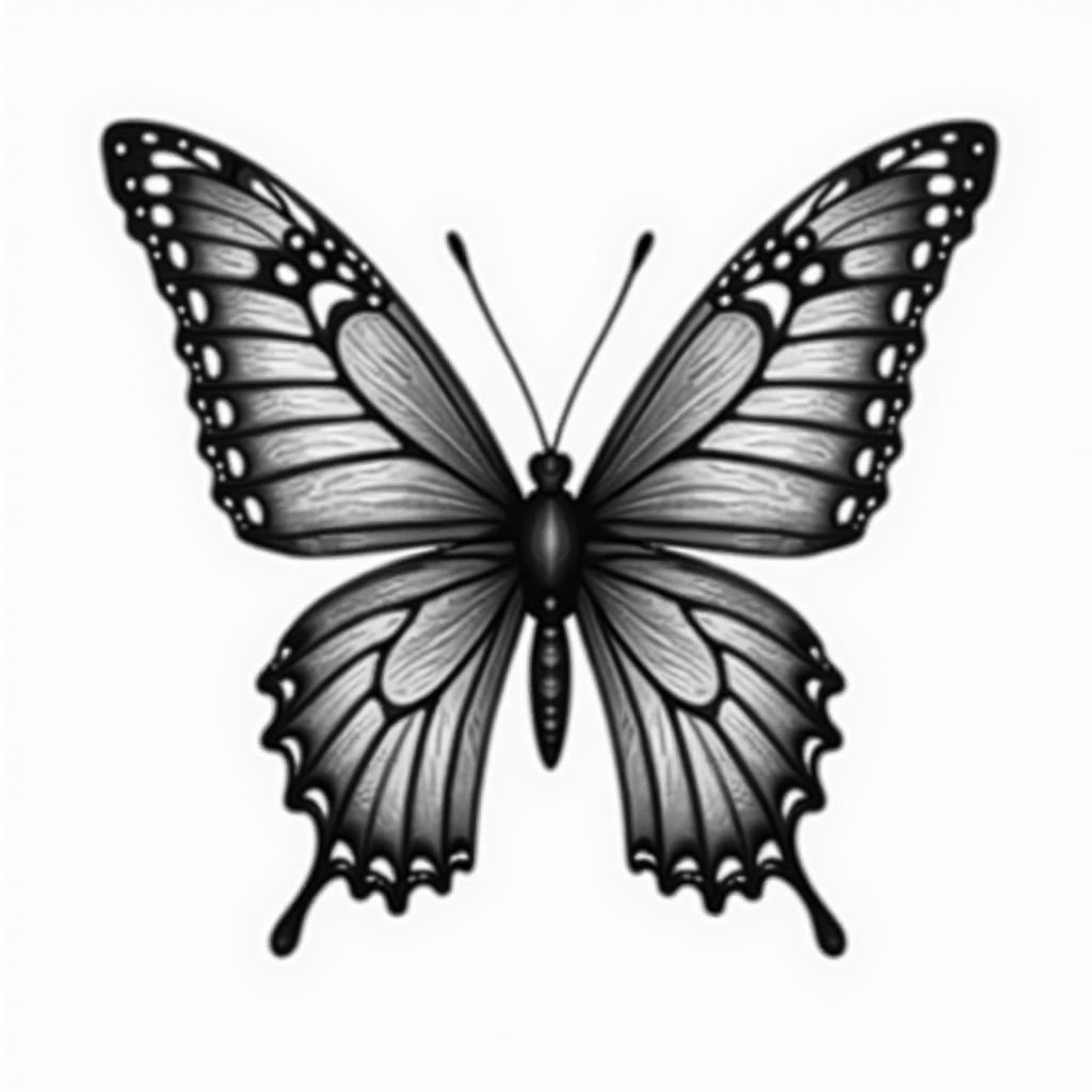 Butterfly with intricate wing patterns in geometric style tattoo, blending hexagons, mandala-inspired patterns, symmetrical and fractal design, clean lines, sharp angles - Variation 3