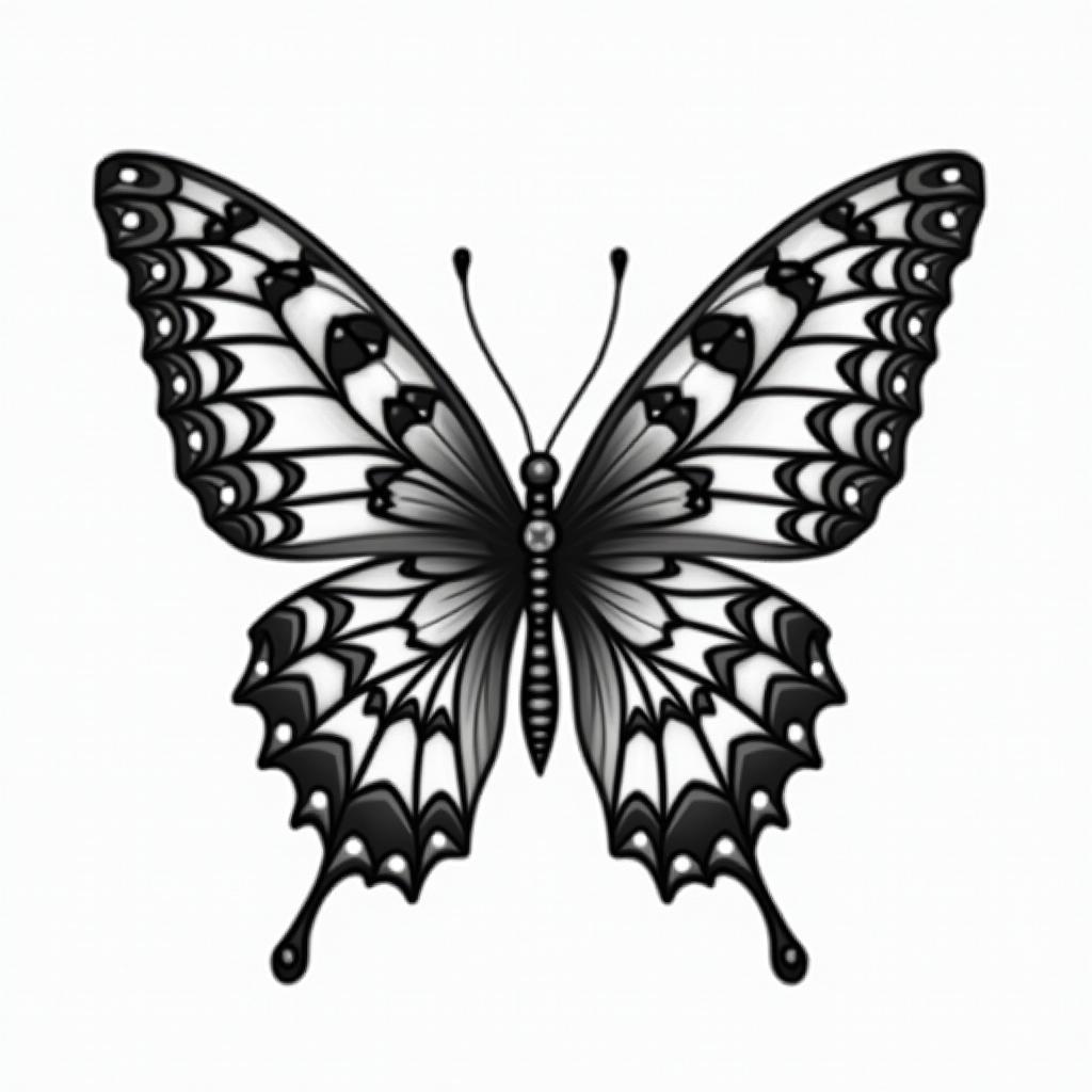 Butterfly with intricate wing patterns in geometric style tattoo, blending hexagons, mandala-inspired patterns, symmetrical and fractal design, clean lines, sharp angles