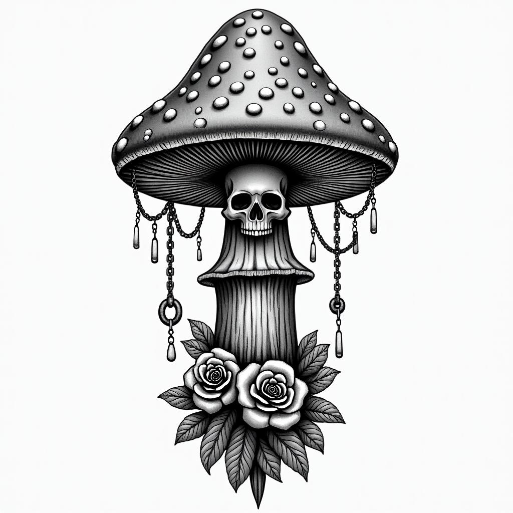 Magic mushroom tree forearm tattoo in chicano style tattoo, featuring intricate black and grey shading, bold elements of traditional chicano culture symbols, add a big cross with skull, chains and roses - Variation 4