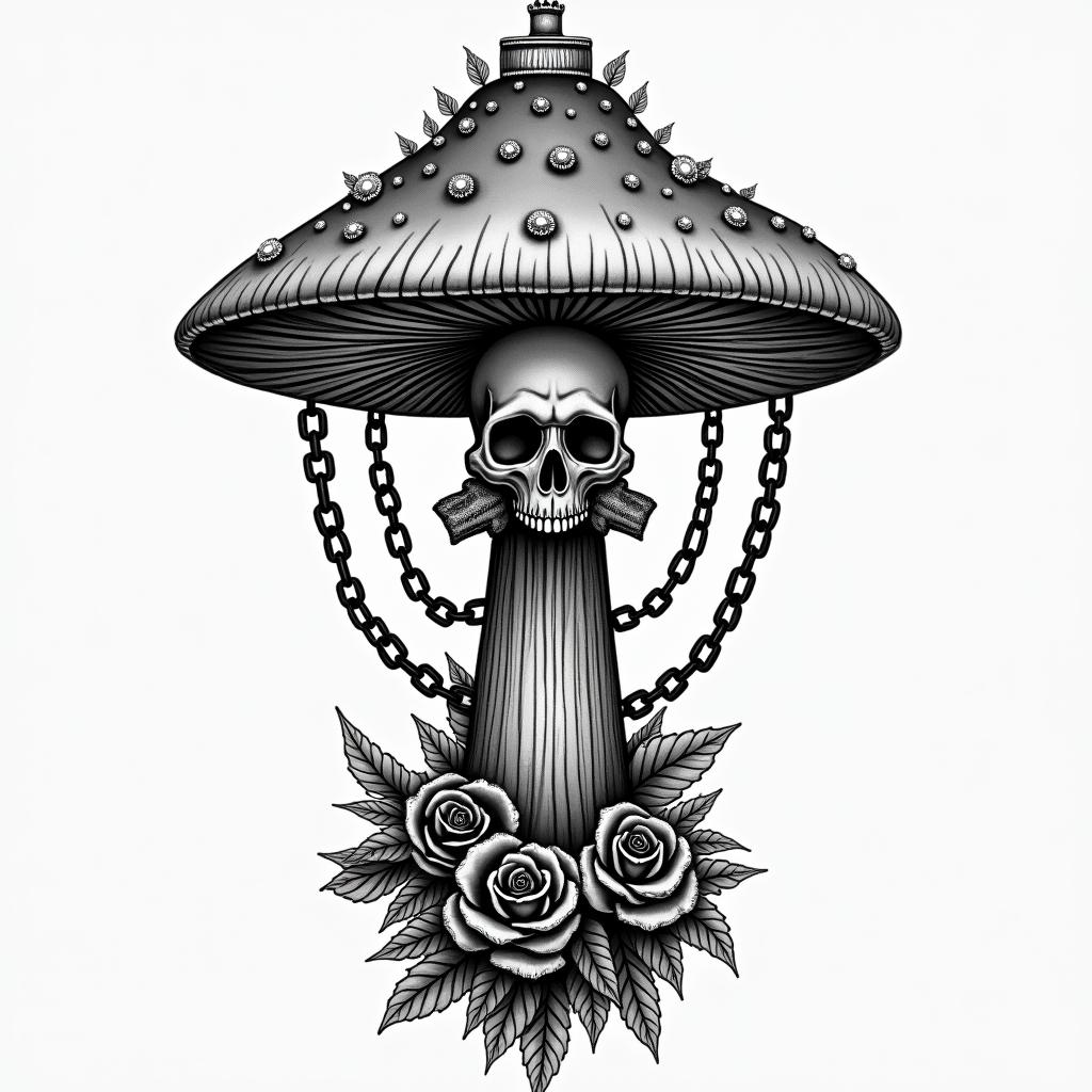 Magic mushroom tree forearm tattoo in chicano style tattoo, featuring intricate black and grey shading, bold elements of traditional chicano culture symbols, add a big cross with skull, chains and roses - Variation 2
