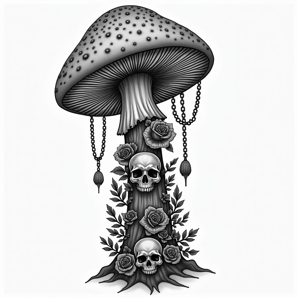 Magic mushroom tree forearm tattoo in chicano style tattoo, featuring intricate black and grey shading, bold elements of traditional chicano culture symbols, add a big cross with skull, chains and roses - Variation 3