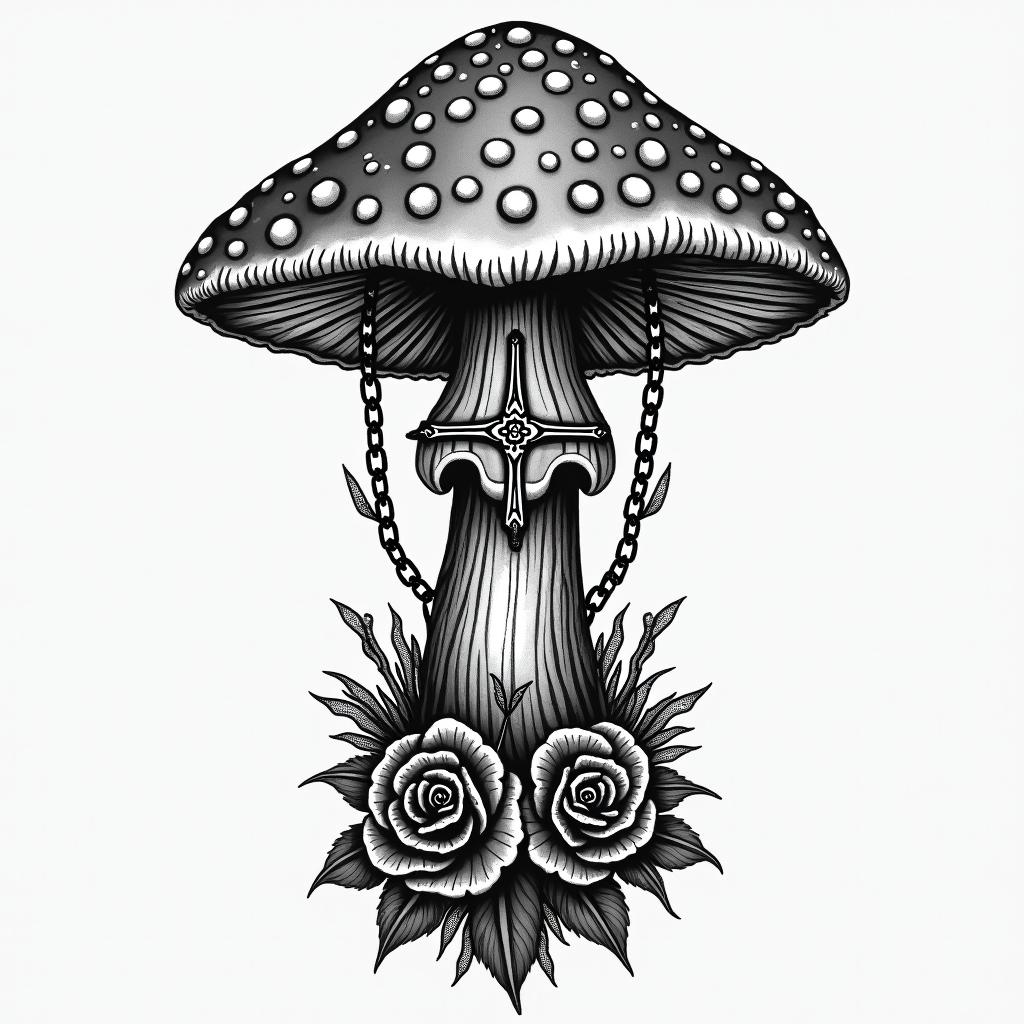 Magic mushroom tree forearm tattoo in chicano style tattoo, featuring intricate black and grey shading, bold elements of traditional chicano culture symbols, add a big cross with skull, chains and roses
