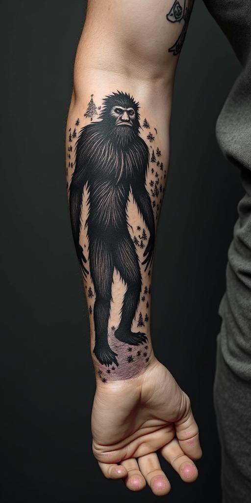 Sasquatch,forestin authentic tattoo style, incorporating traditional modifications, bold black outlines, solid color fills, featuring classic authentic elements - Variation 8