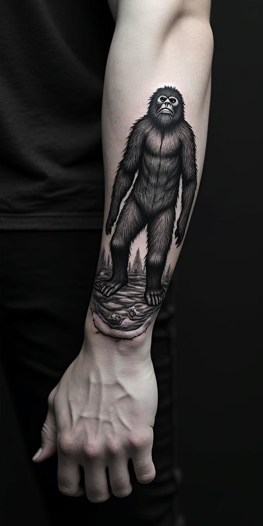 Sasquatch,forestin authentic tattoo style, incorporating traditional modifications, bold black outlines, solid color fills, featuring classic authentic elements - Variation 6