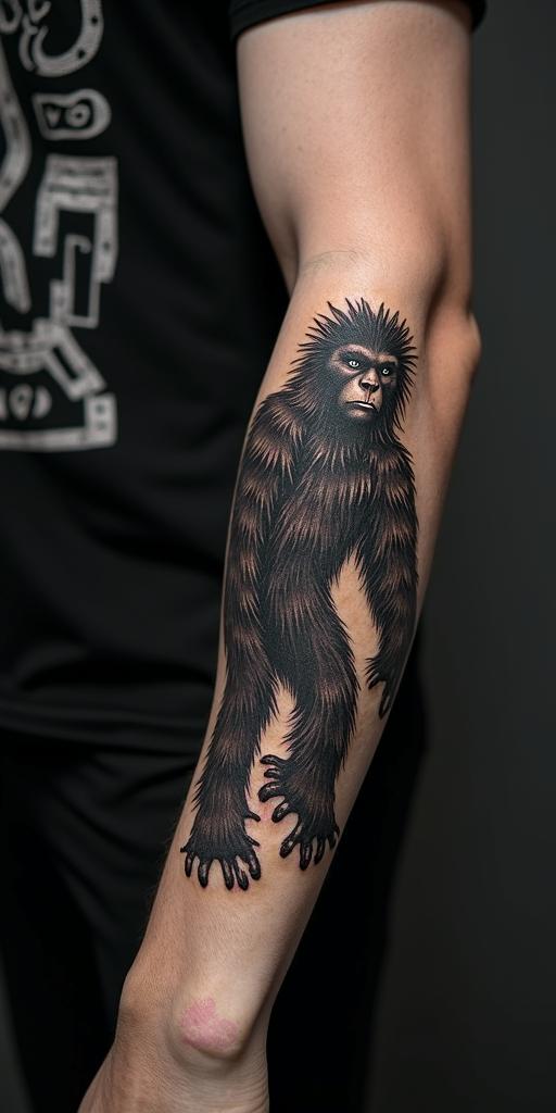 Sasquatch,forestin authentic tattoo style, incorporating traditional modifications, bold black outlines, solid color fills, featuring classic authentic elements - Variation 5