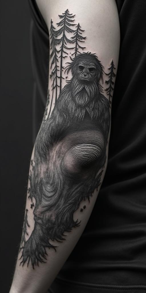 Sasquatch,forestin authentic tattoo style, incorporating traditional modifications, bold black outlines, solid color fills, featuring classic authentic elements - Variation 7