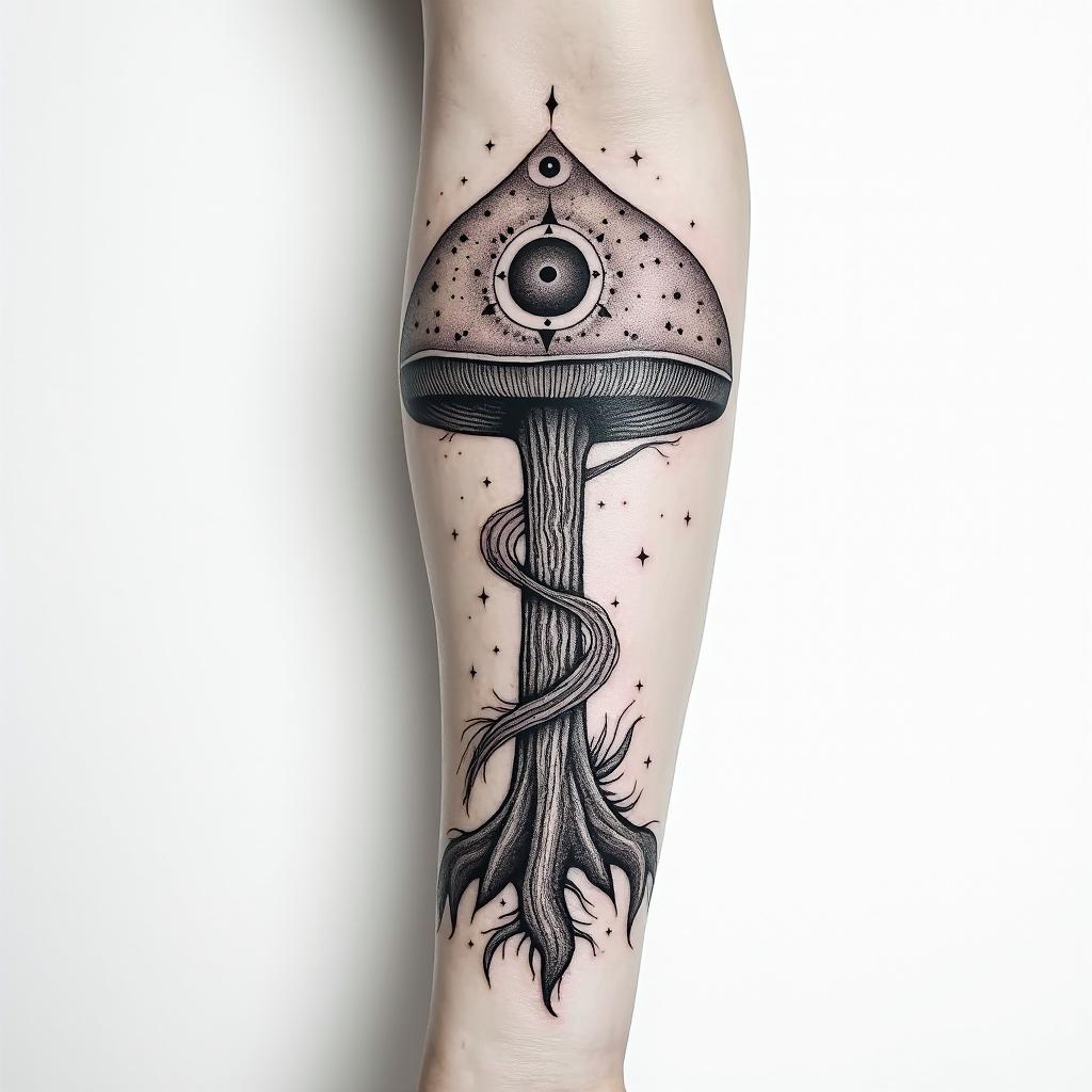 Magic mushroom tree forearm tattooin spiritual symbols tattoo style, featuring an intricate design incorporating elements, Hamsa hand, third eye, minimalist composition