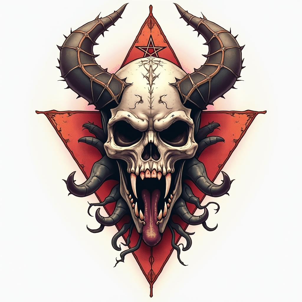 Sensenmann  sehlen jäger  kommt um dich zu holen 
creepy horror tattoo style, featuring an eerie and unsettling skull of a demonic creature, distorted face with sharp fangs, add pentagram symbol