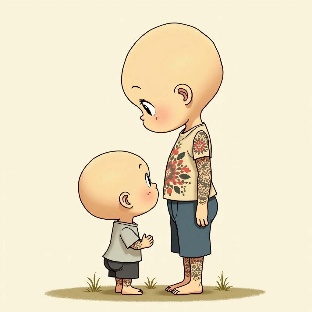 ChildrenGhibli, Studio Ghibli aesthetic, hand-drawn anime style, retro nostalgic atmosphere, retro soft pastel color palette with earthy tones, retro Japanese cinematic shot, yellow tint effect, bald character, smooth surface, anime shadow 90's anime style - Variation 4