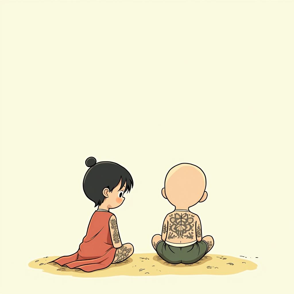 ChildrenGhibli, Studio Ghibli aesthetic, hand-drawn anime style, retro nostalgic atmosphere, retro soft pastel color palette with earthy tones, retro Japanese cinematic shot, yellow tint effect, bald character, smooth surface, anime shadow 90's anime style - Variation 2