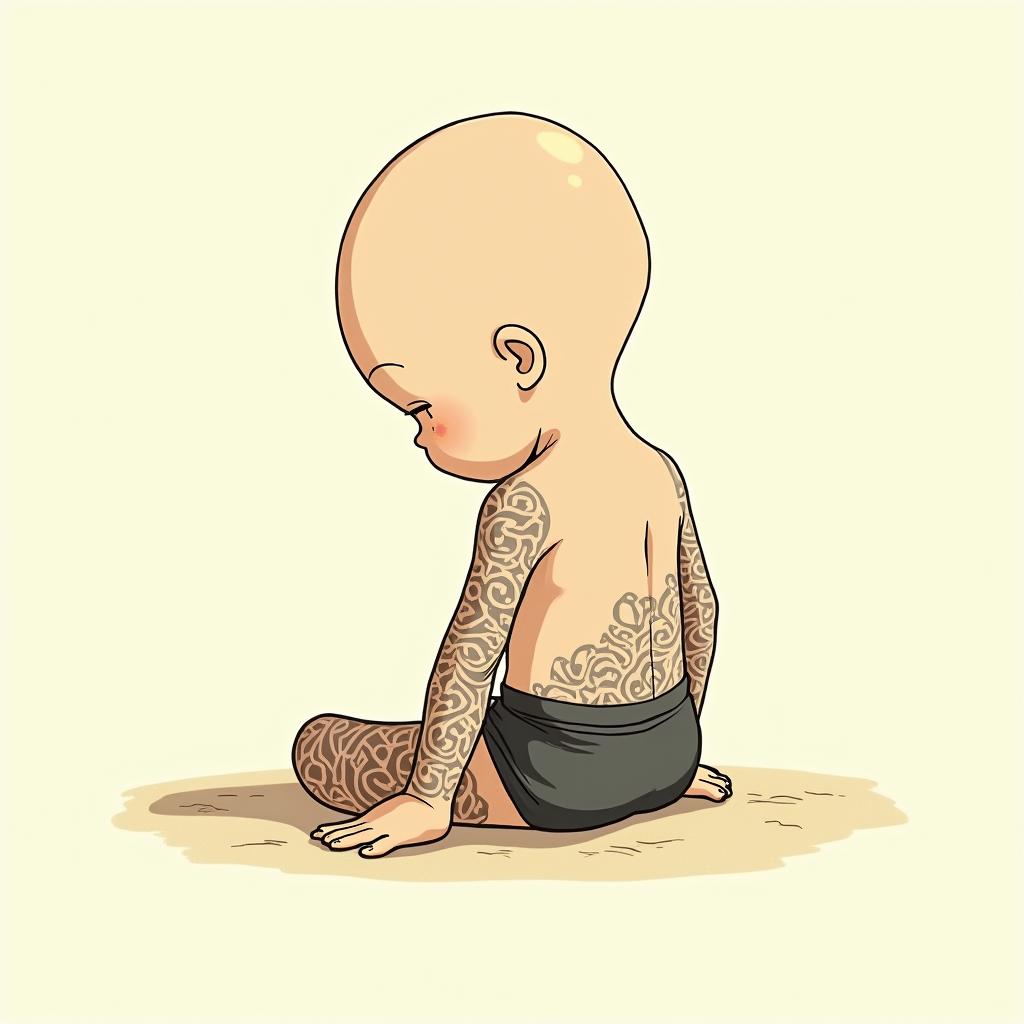 ChildrenGhibli, Studio Ghibli aesthetic, hand-drawn anime style, retro nostalgic atmosphere, retro soft pastel color palette with earthy tones, retro Japanese cinematic shot, yellow tint effect, bald character, smooth surface, anime shadow 90's anime style