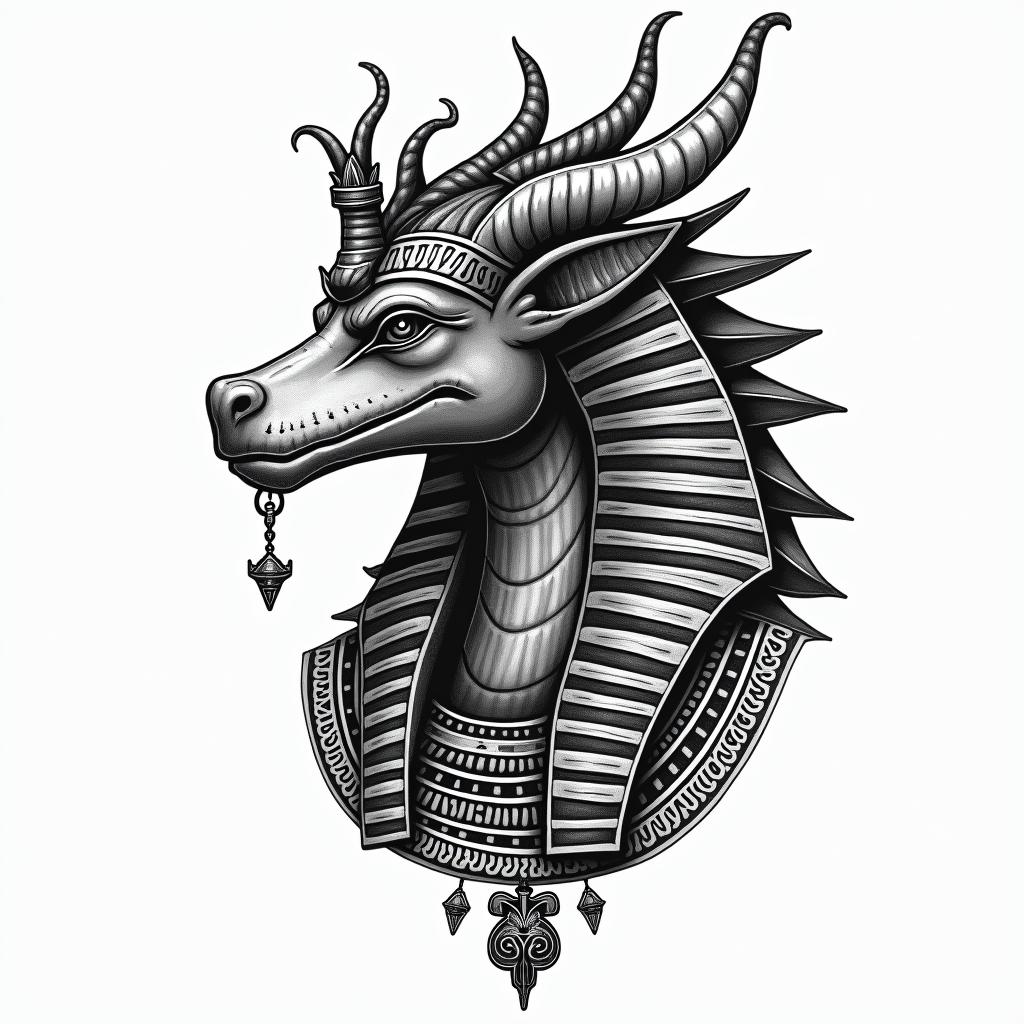 ICT Dragonin egyptian style tattoo, bold elements of ancient egyptian culture including a portrait of an Egyptian pharaoh with detailed facial features, in hieroglyphs and symbolic imagery, eye of horus, ankh symbol, scarab beetle