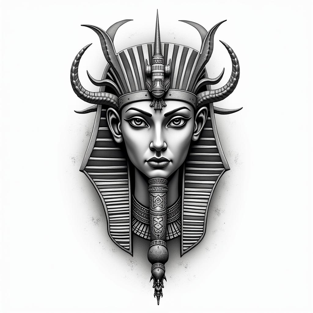 ICT Dragonin egyptian style tattoo, bold elements of ancient egyptian culture including a portrait of an Egyptian pharaoh with detailed facial features, in hieroglyphs and symbolic imagery, eye of horus, ankh symbol, scarab beetle - Variation 3
