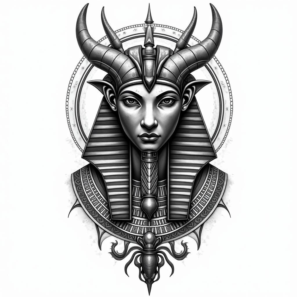 ICT Dragonin egyptian style tattoo, bold elements of ancient egyptian culture including a portrait of an Egyptian pharaoh with detailed facial features, in hieroglyphs and symbolic imagery, eye of horus, ankh symbol, scarab beetle - Variation 2