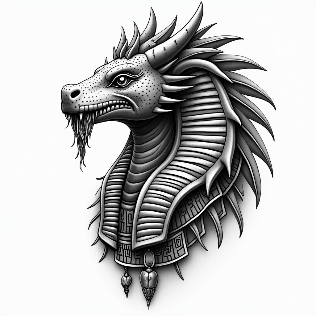 ICT Dragonin egyptian style tattoo, bold elements of ancient egyptian culture including a portrait of an Egyptian pharaoh with detailed facial features, in hieroglyphs and symbolic imagery, eye of horus, ankh symbol, scarab beetle - Variation 4