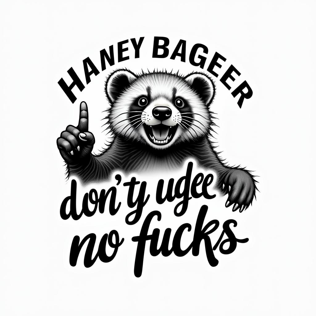 A realistic honey badger humorously flipping the middle finger, conveying a rebellious attitude. Accompanying the design, in bold, stylized text, are the words "Honey badger don’t give no fucks", emphasizing the cheeky and carefree nature of the animal.higly detailed tattoo - Variation 4